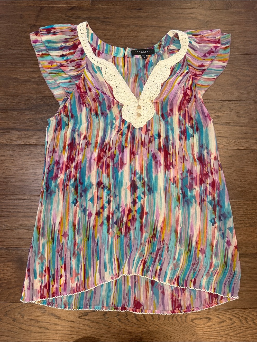 Sanctuary Brushstroke Crochet-Trim Flutter Sleeve Tunic Size Small - C69-048